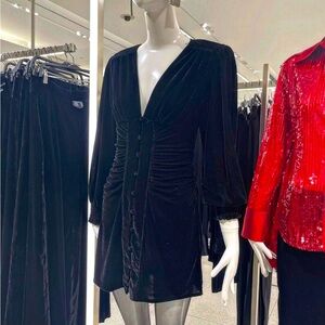 Zara Black velvet long sleeve bottoms down dress